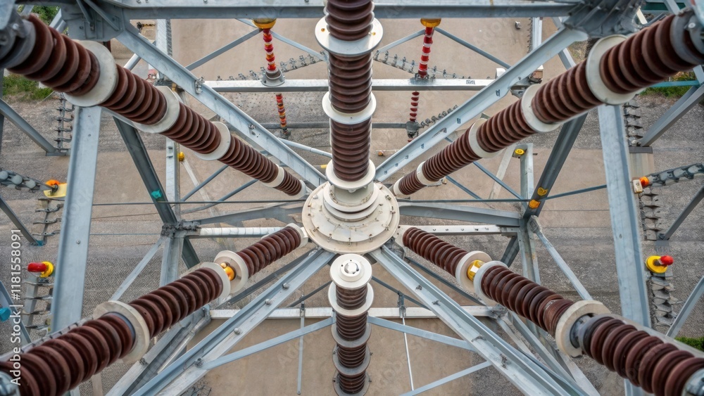 Aufkleber An overhead view of interconnected metal struts and braces illustrates the complex architecture of the substation. Various insulators are arranged in a semicircle composed of