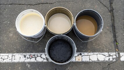 An overhead view of three buckets arranged in a triangle each showcasing a different stage of sealant application. One bucket is freshly filled another partially used and the third