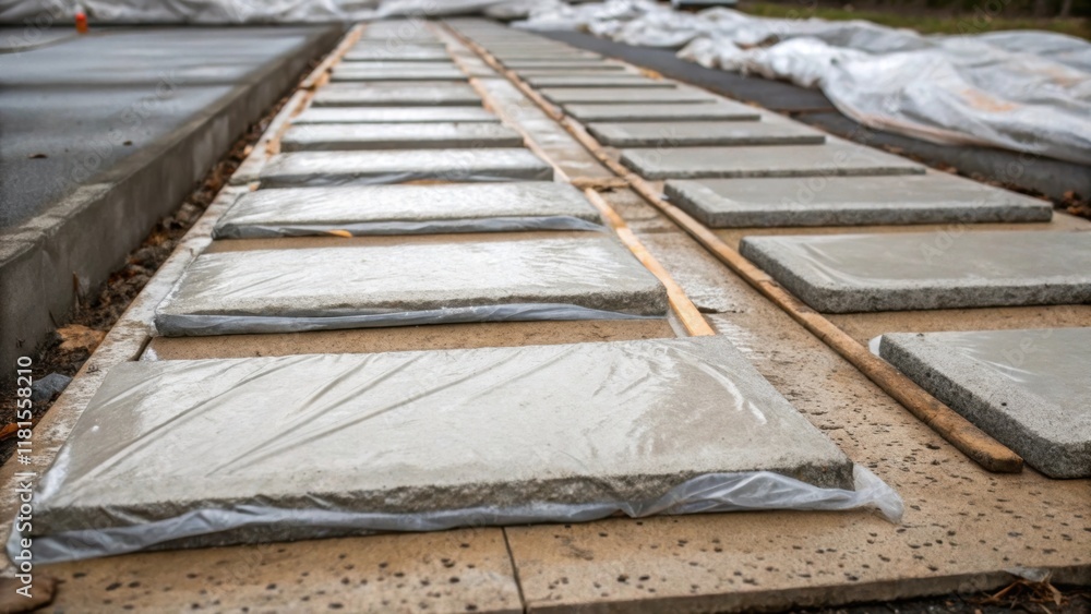 Aufkleber An overhead view reveals several concrete slabs arranged in parallel rows each covered in layers of heavy burlap and plastic. The subtle variations in color a the wet concrete