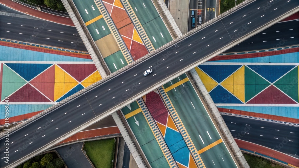 Aufkleber An overhead view reveals the complex geometric patterns of a modern bridges deck. Painted lane markings and textured surfaces contrast with the smooth lines of the support beams
