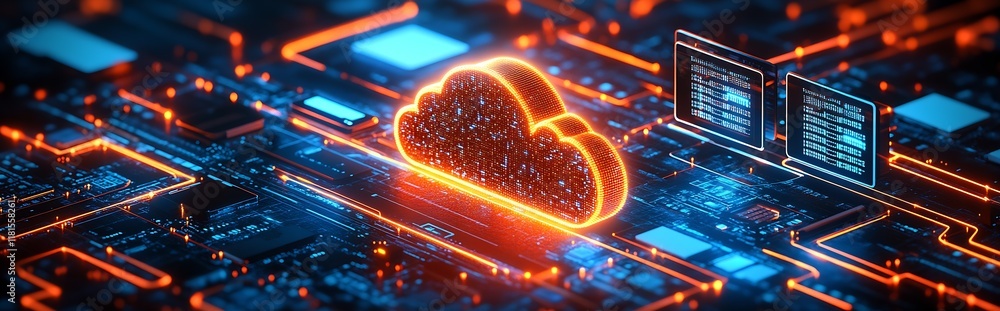 Poster Futuristic Cloud Computing Network with Glowing Circuit Board : Generative AI