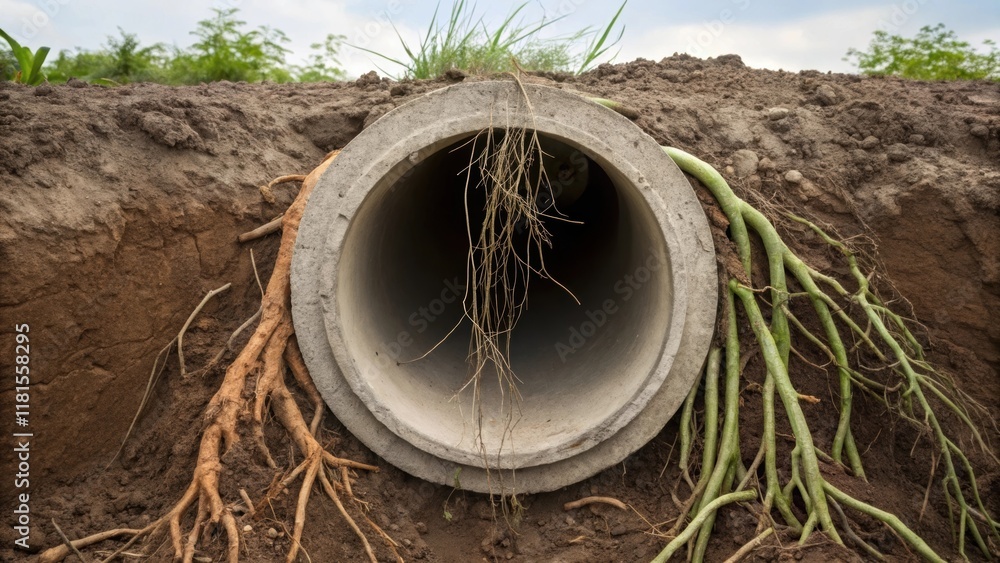Poster an oversized reinforced concrete drainpipe halfburied in soft earth with roots from nearby plants in