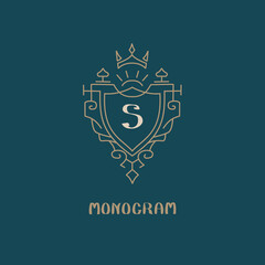 Line graphics monogram. Royal art logo design. Letter S. Graceful template. Business sign, identity for Restaurant, Royalty, Boutique, Cafe, Hotel, Heraldic, Jewelry, Fashion. Vector elements