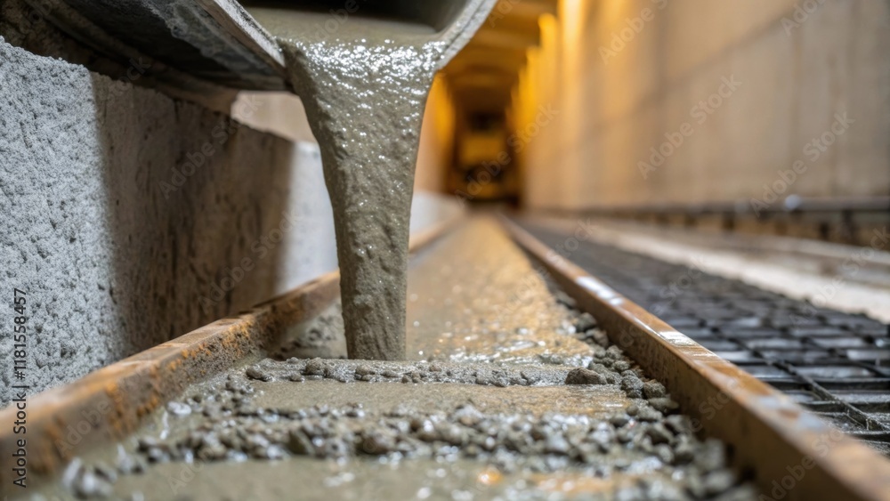 Poster an upclose examination of the concrete mixture being poured into molds along the tunnel wall. the th