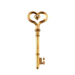 A heart shaped gold key placed vertically on an isolated background