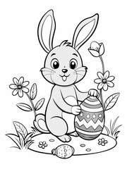 Easter Bunny with Eggs and Flowers Coloring Page – Free Printable for Kids.
