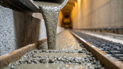 An upclose examination of the concrete mixture being poured into molds along the tunnel wall. The thick viscous substance glides smoothly from the chute and the texture of the