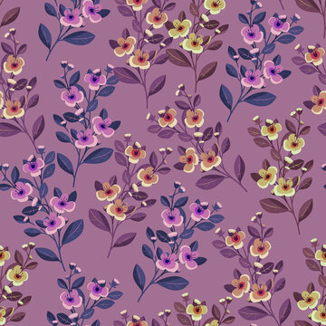  seamless pattern with watercolor hand - drawn flowers, branches and leaves. textile print.