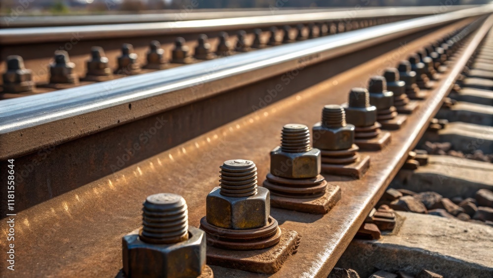 Aufkleber An upclose look at the metal spikes used to secure the rail ties in place their shiny surface reflecting surrounding light. The intricate threading of the spikes can be seen