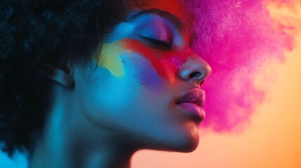 Obraz premium Concept, Sexual Identity, female sexuality, gender fluidity, identity, fluid, non binary, rainbow, love is love, close up of face of young woman, mixed race, inclusion, dreaming, colorful, portrait