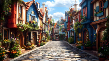 Charming Village Street Explores Quaint Houses with Colorful Flowers Gently