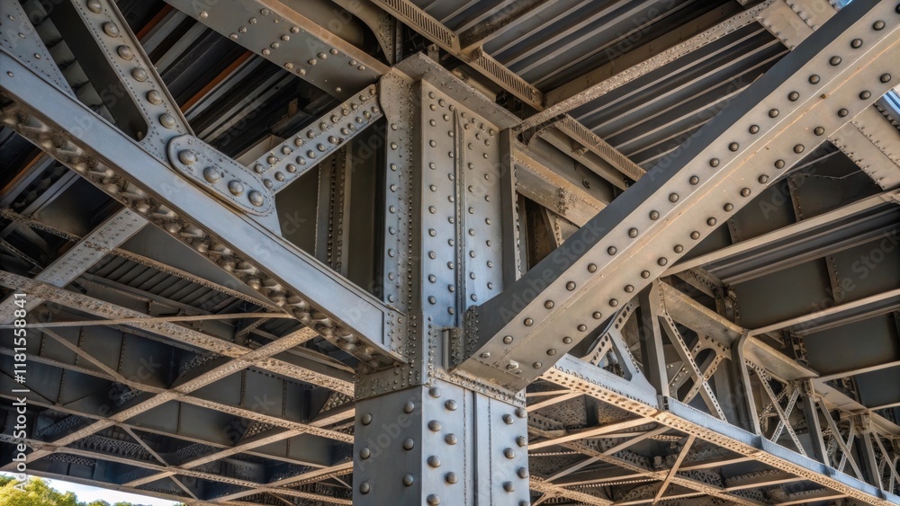 Poster An upclose view of a steel bridge span with part of its understructure exposed showcasing the complexity of its design. Welds and bolts are visible demonstrating the craftsmanship
