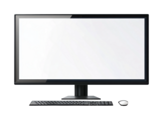 Modern display monitor with blank white screen, sleek black keyboard, and mouse setup, computer technology workspace concept isolated on transparent background