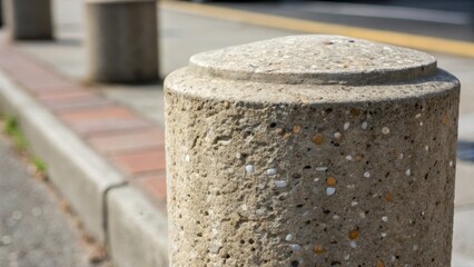 Naklejka premium An upclose view of a single robust precast concrete bollard displaying its rugged surface adorned with small flecks of aggregate. The closeup highlights the durable finish designed