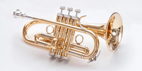 Naklejka premium Golden trumpet resting on a white surface for display