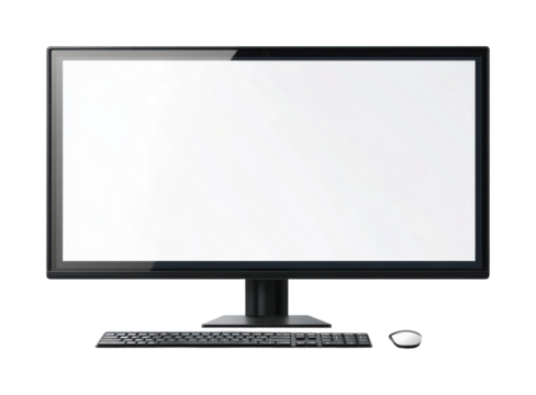 Modern display monitor with blank white screen, sleek black keyboard, and mouse setup, computer technology workspace concept isolated on transparent background