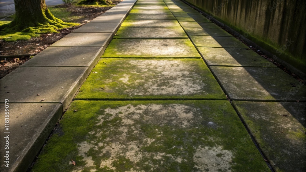Poster A of precast walkways each section exhibiting unique weathering signs such as stains and moss growth. The image captures the interplay of light and shadow as it moves across the