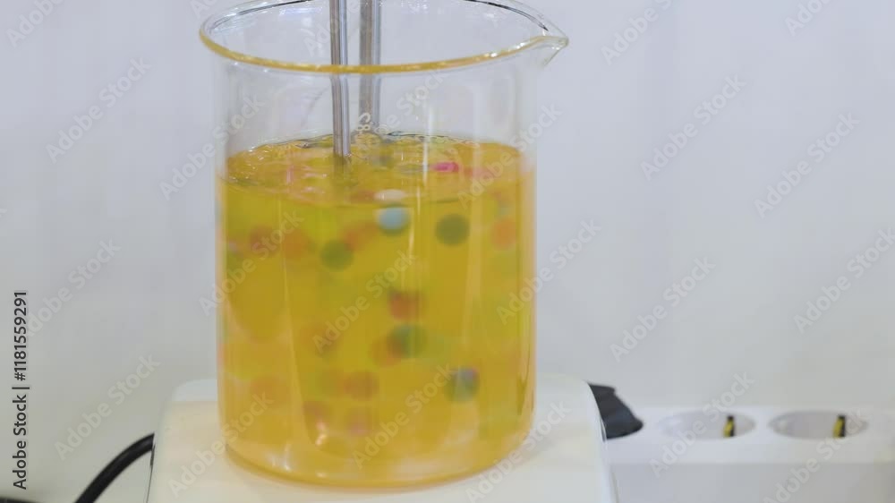 Poster chemistry laboratory, flask with solution, dissolution by stirring