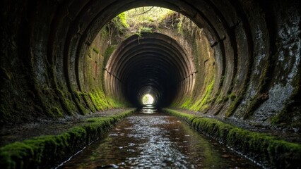 Naklejka premium A panoramic look at the end of a long open drainpipe leading into the dark depths of a culvert. The interior is damp and slick with water trickling down the sides and moss begins