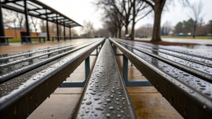 Fototapeta premium A perspective focusing on the intersecting angles of metal benches their surfaces glistening after a recent rain with droplets silhouetted against the sharp industrial design that