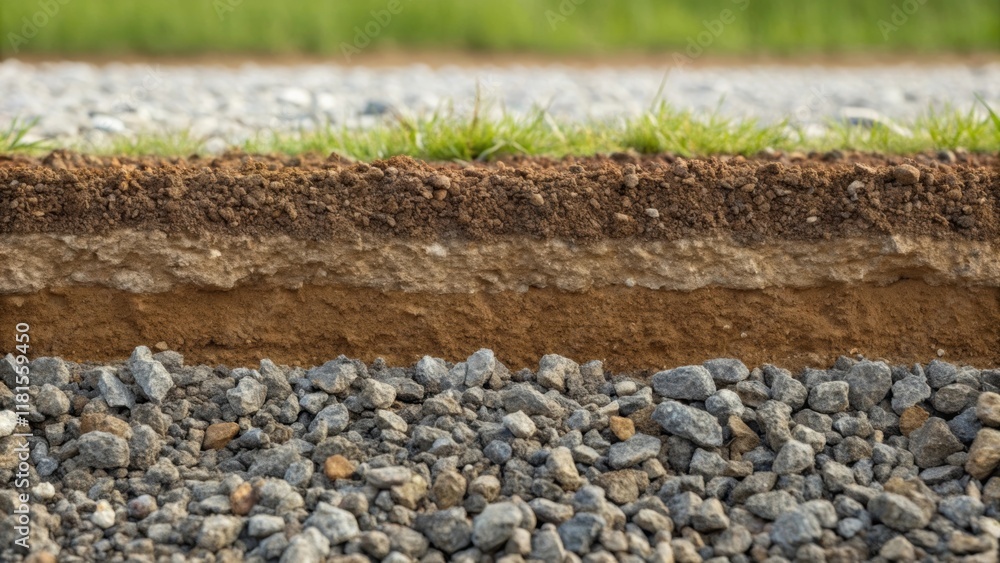 Poster A perspective showcasing the edges of a compact gravel layer where the transition from gravel to the unpaved soil below is starkly visible. The layered composition emphasizes the