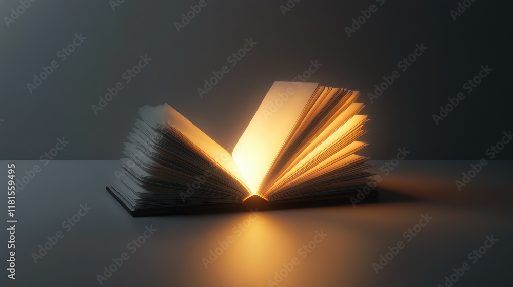 Poster a glowing open book in a dark room, illuminating the surrounding space, symbolizing the power of lea