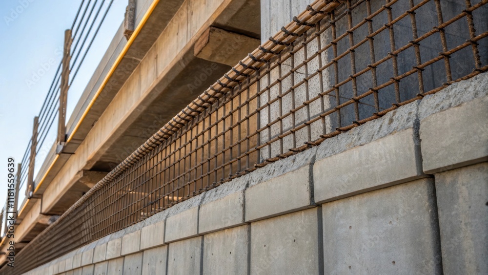Aufkleber A perspective view of the side of a bridge abutment emphasizing the layered composition of concrete and intertwined steel rods. The mesh is pulled taut and exposed in certain areas