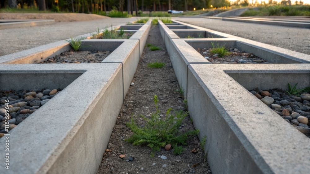 Poster A photograph capturing the interlocking edges where two precast basins meet with a focus on the precise alignment of the modular sections. Silty dirt and gravel ter the area