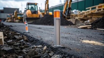 Obraz premium A reflective delineator partially embedded in the ground surrounded by fresh asphalt and construction debris. The delineator stands resilient against the chaotic backdrop of