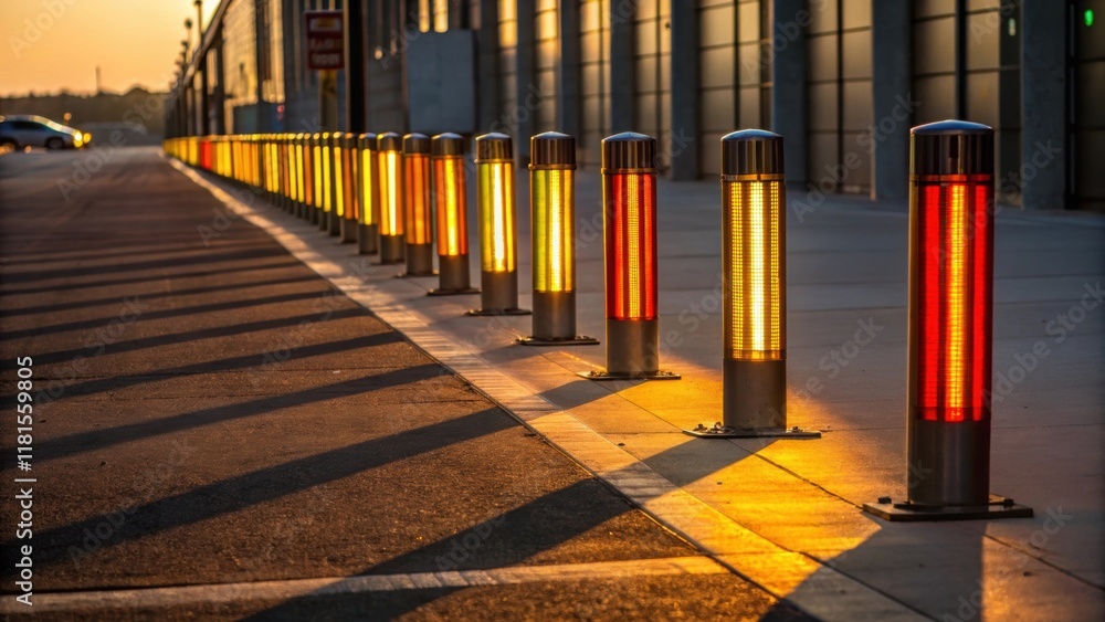 Poster a row of reflective delineators is depicted their vibrant colors reflecting the warm hues of the set