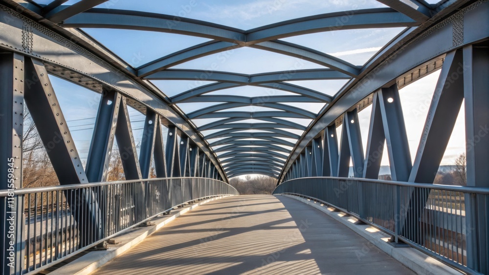 Poster a section of a pedestrian bridge truss featuring the elegant curvature of the design. the smooth wel