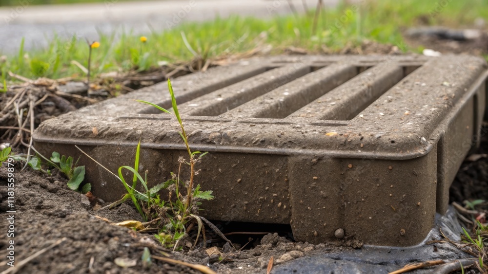 Poster a rugged textured closeup of a precast drainage sump covered in dirt and light debris demonstrating 