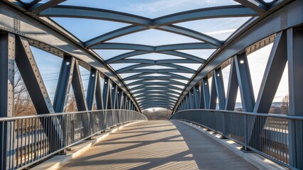 Fototapeta premium A section of a pedestrian bridge truss featuring the elegant curvature of the design. The smooth welding seams shine brightly against the raw steel demonstrating the meticulous