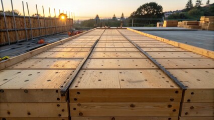 Obraz premium A section of formwork illuminated by early morning light revealing the rich grain of the wooden panels. The surface is dotted with small knots and imperfections telling the story