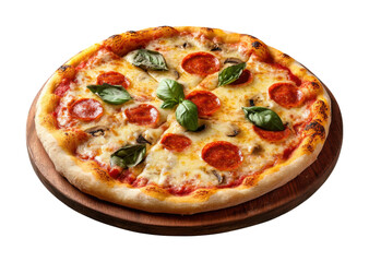 Delicious margherita pizza topped with pepperoni and fresh basil displayed on a wooden board. Isolated on transparent background, png.