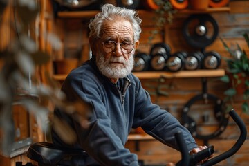 Obraz premium An elderly man with gray hair and glasses sits on a stationary bike, focused on exercising in a cozy home gym surrounded by weights and plants