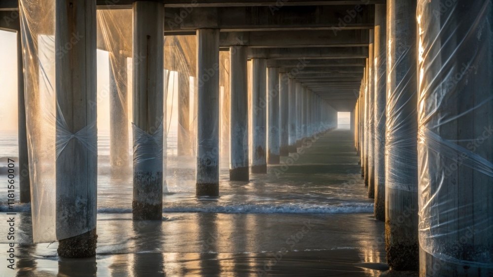 Poster A series of concrete piers lined up in uniformity each encased in a plastic film that reflects faint light. The interplay of shadows and light reveals the subtle variations in each