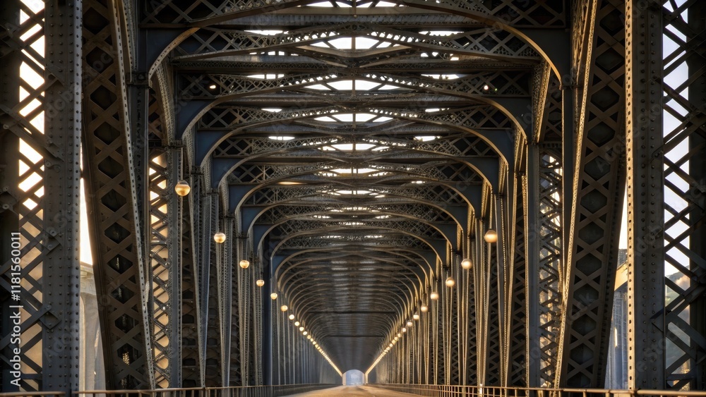 Aufkleber A series of closely spaced steel trusses are seen from a side angle where light filters through the gaps creating a mesmerizing lattice effect. Each beam is meticulously shaped and