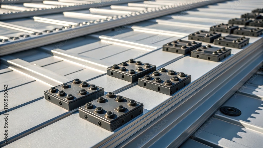 Poster A series of modular panels with carefully engineered connectors lie stacked in a close formation casting shadows that play across their surfaces. The image focuses on the
