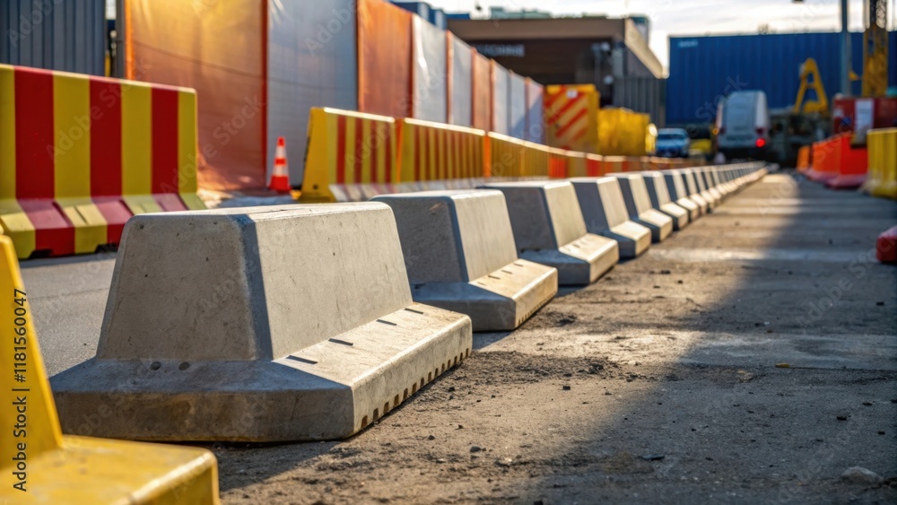 Poster A series of large pre curb sections is lined up against a backdrop of colorful construction safety barriers. The varying heights of the curbs create a dynamic perspective with the