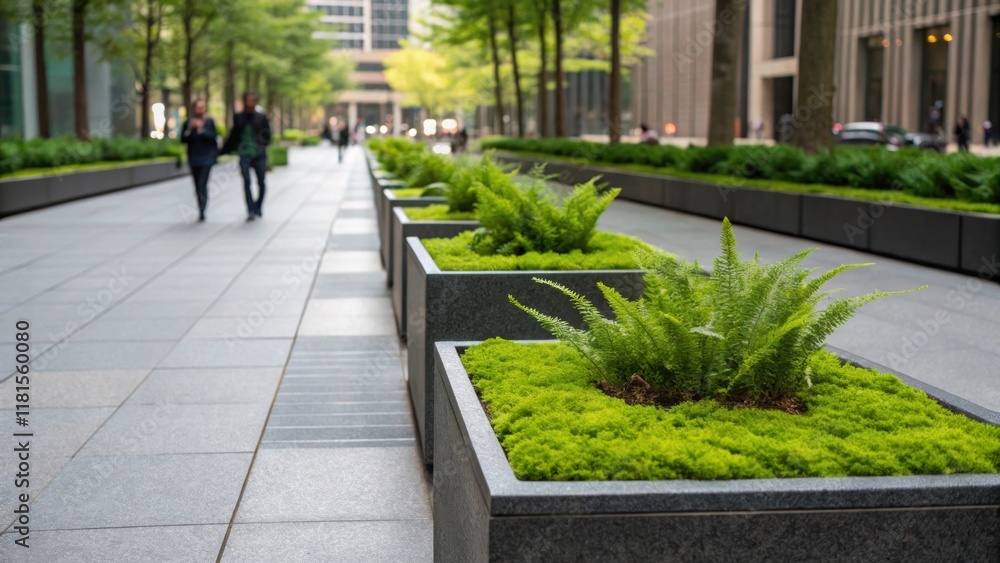 Poster A series of small square planter boxes filled with hardy ferns and moss create a textured green carpet along the sidewalk. Each box is separated by a sleek stone edge creating a