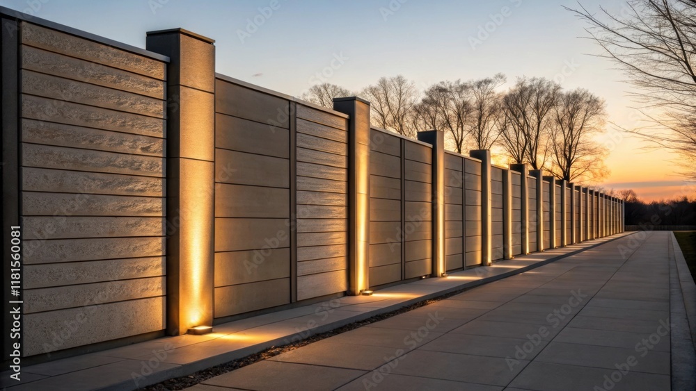 Poster A series of precast cladding panels illuminated by soft evening light casting elongated shadows on the ground. The warm hues from the sunset enhance the visual appeal of the panels