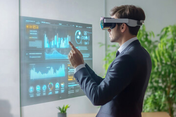 Businessman wearing vr headset interacting with augmented reality holographic interface analyzing financial charts and data