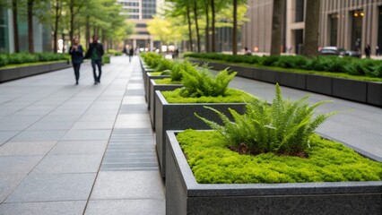 A series of small square planter boxes filled with hardy ferns and moss create a textured green carpet along the sidewalk. Each box is separated by a sleek stone edge creating a