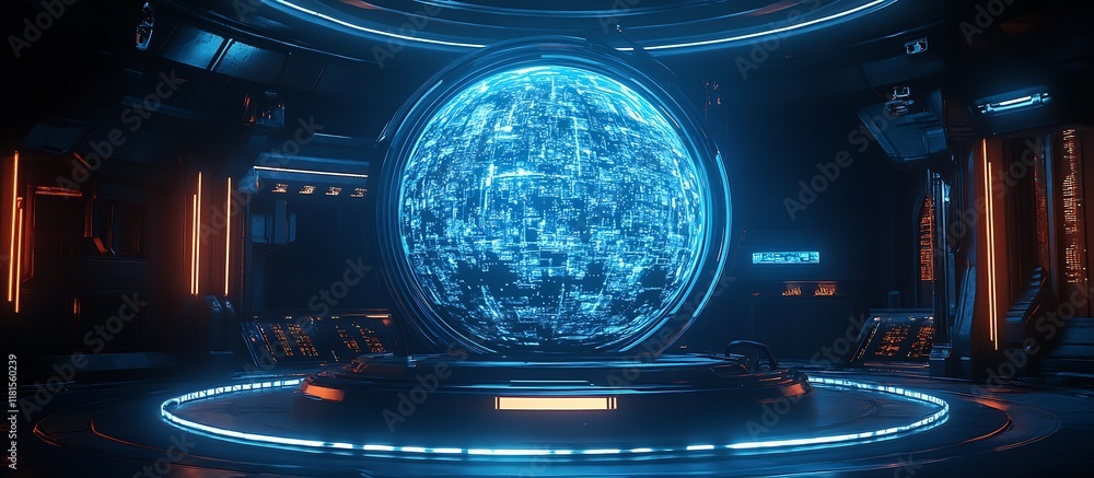 Poster futuristic sci-fi control room with illuminated digital sphere hologram centerpiece : generative ai