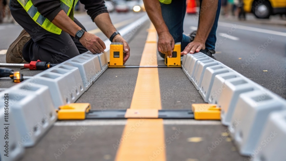 Poster a shot focusing on the installation process reveals workers carefully aligning the modular bike lane