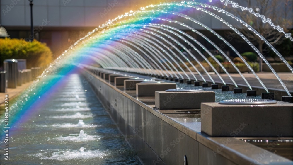 Poster A shot highlighting the flow rates as water exits the filtration unit through a series of spouts. Each spout dispenses clean water in arching streams catching sunlight and creating