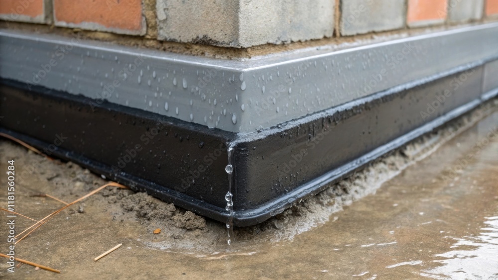 Poster a shot focuses on the junction where the waterproof membrane meets the drainage system at the base o