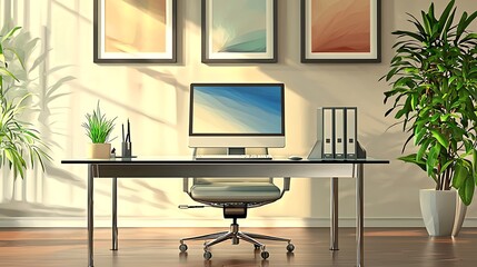 Modern office setup with desk and plants.
