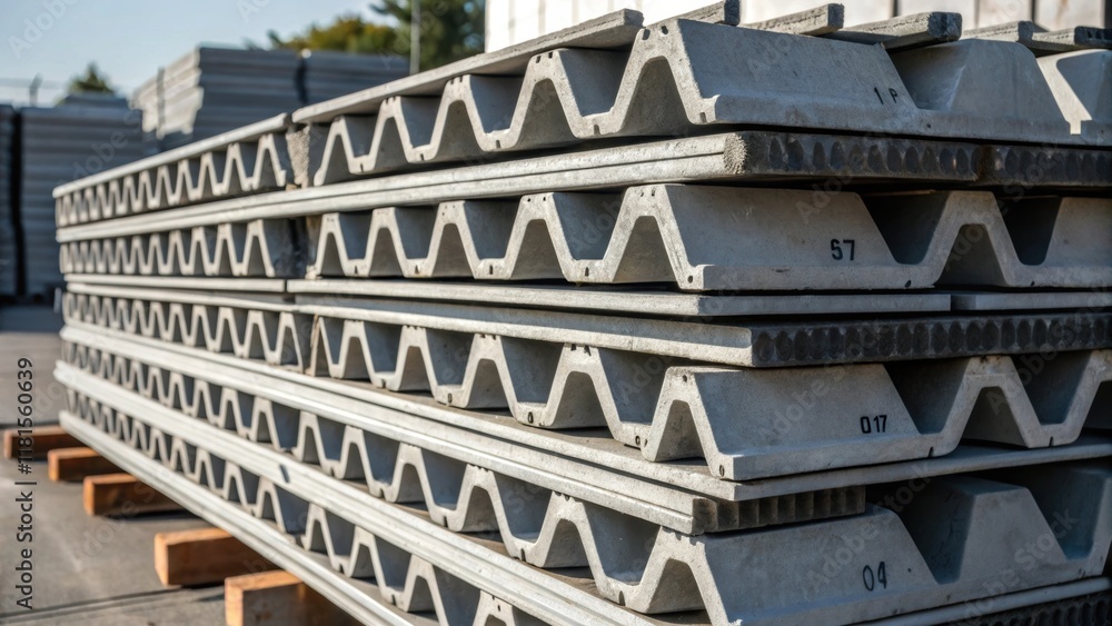 Aufkleber A side view of a stack of modular bridge segments with a focus on the strategic notches and grooves that guide the alignment during assembly. The contrast between light and shadow